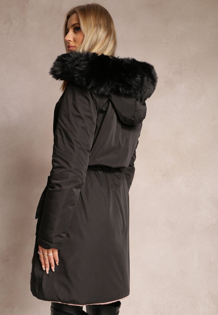 new collection Geacă Neagră Reversibilă cu elastic și Glugă cu Blană Divya