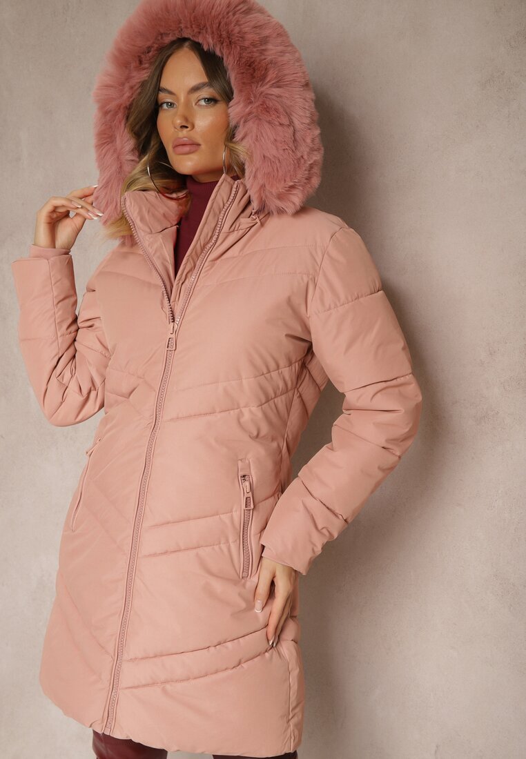 new collection Geacă Roz de iarnă cu cusături matlasate și glugă detașabilă cu blană Jackiala