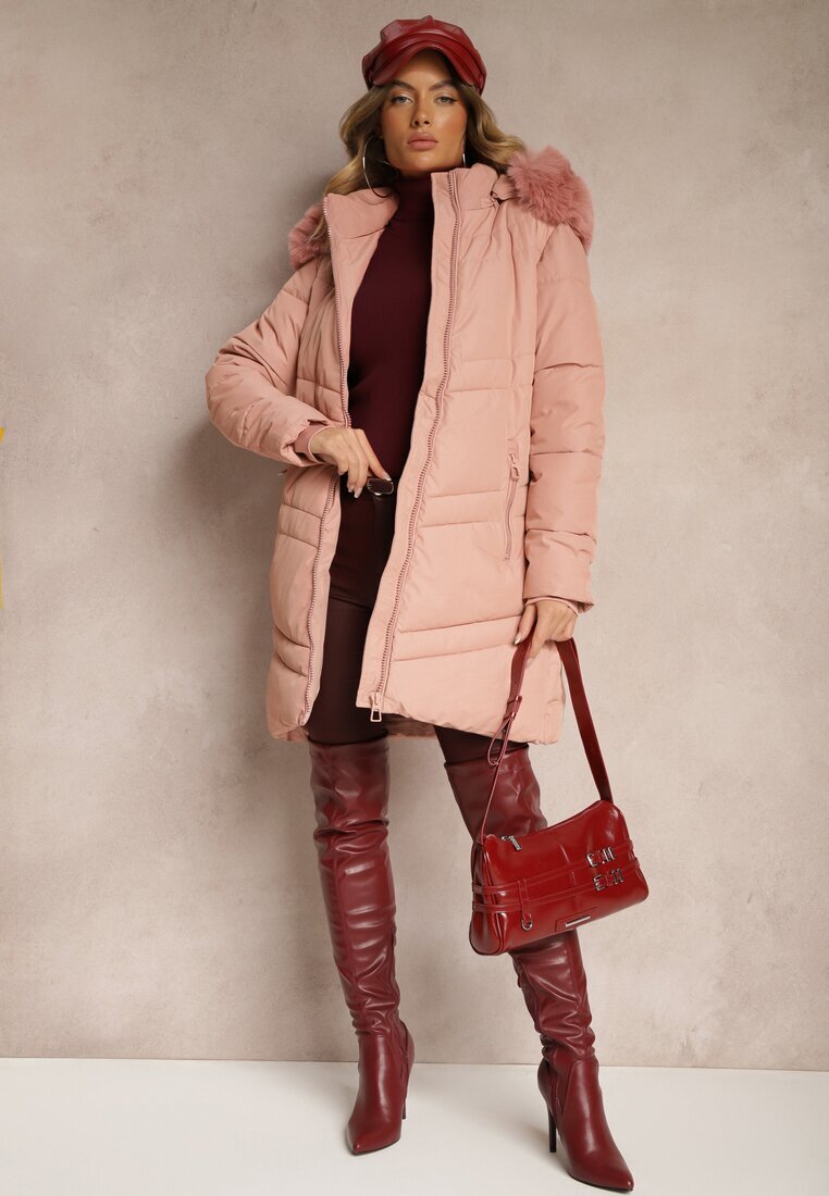 new collection Geacă Roz de iarnă cu cusături matlasate și glugă detașabilă cu blană Jackiala