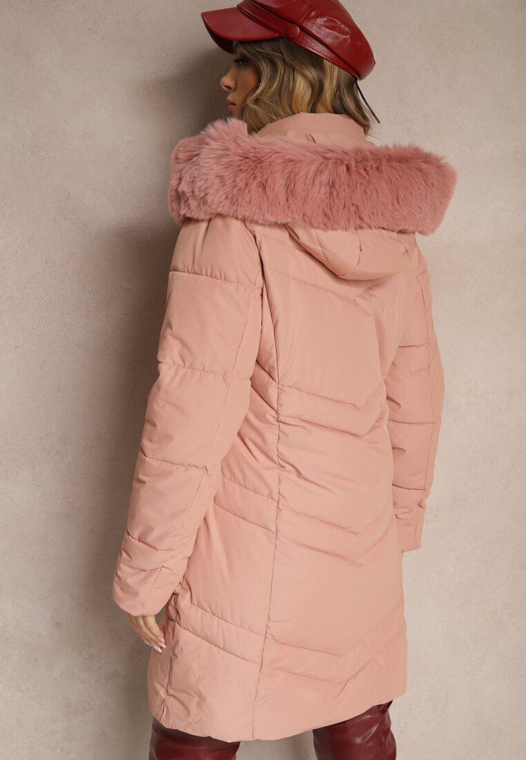 new collection Geacă Roz de iarnă cu cusături matlasate și glugă detașabilă cu blană Jackiala