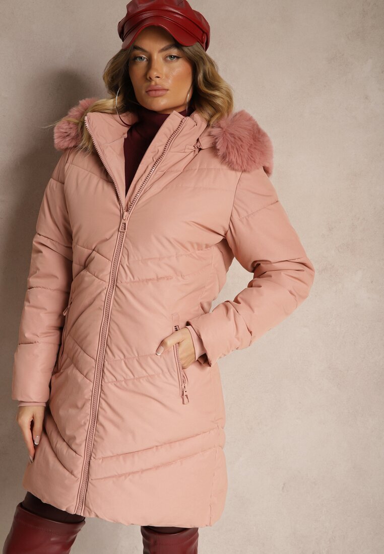 new collection Geacă Roz de iarnă cu cusături matlasate și glugă detașabilă cu blană Jackiala