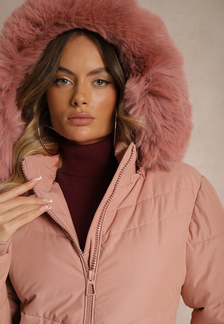 new collection Geacă Roz de iarnă cu cusături matlasate și glugă detașabilă cu blană Jackiala
