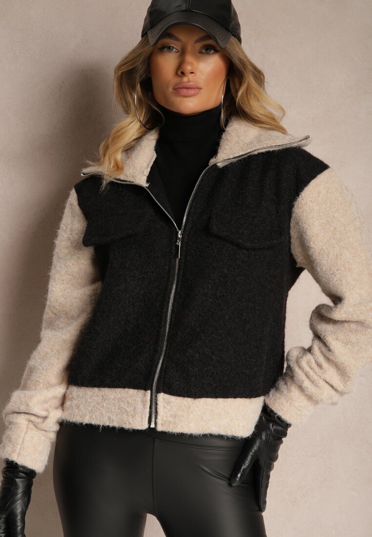 new collection Jachetă Neagră de tranziție Boucle cu guler înalt și imitație de buzunare Lilarra