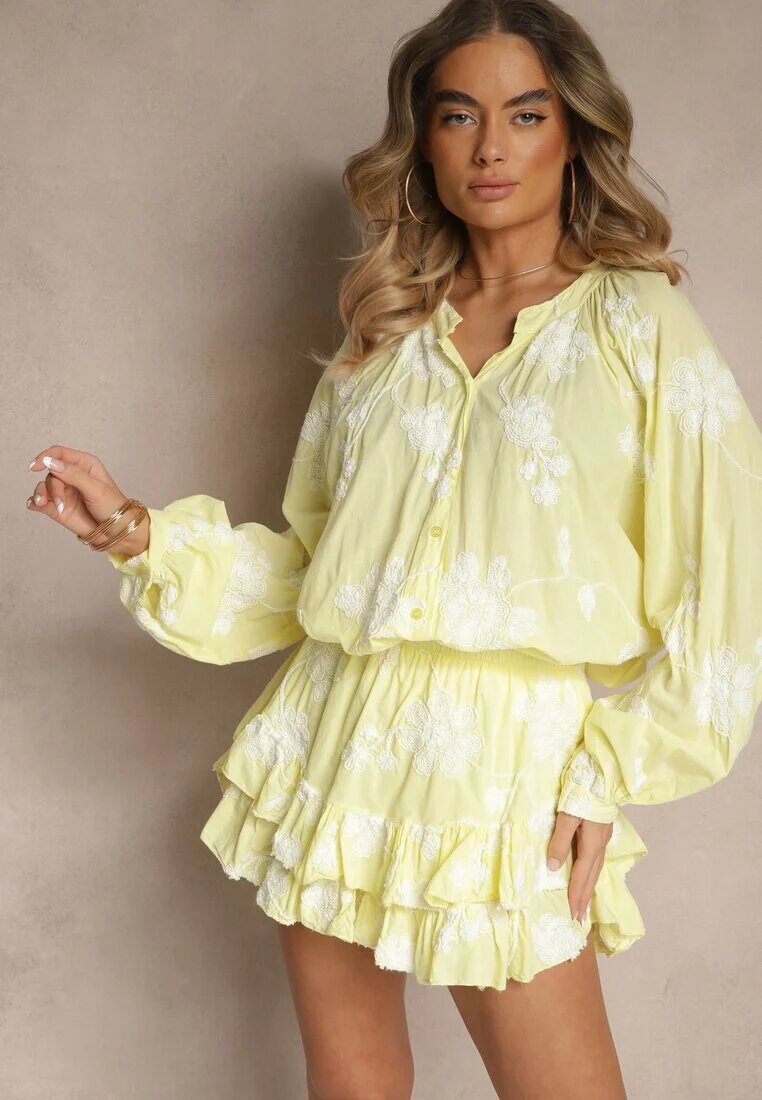 new collection Komplet Galben din Bumbac Fustă-Pantaloni scurți și Cămașă cu Mâneci Ample Savalene