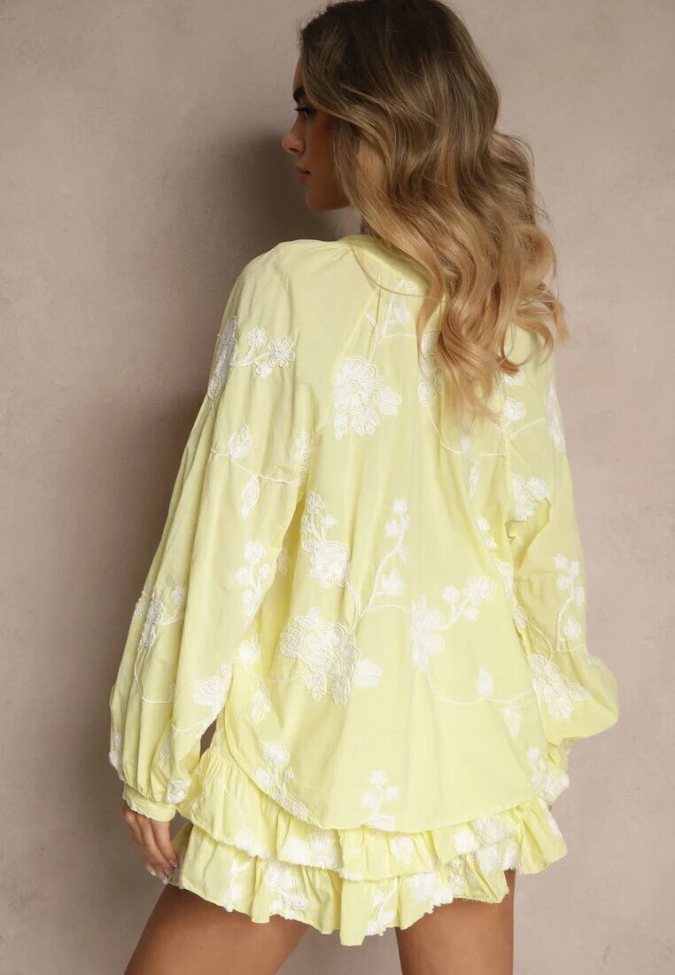 new collection Komplet Galben din Bumbac Fustă-Pantaloni scurți și Cămașă cu Mâneci Ample Savalene