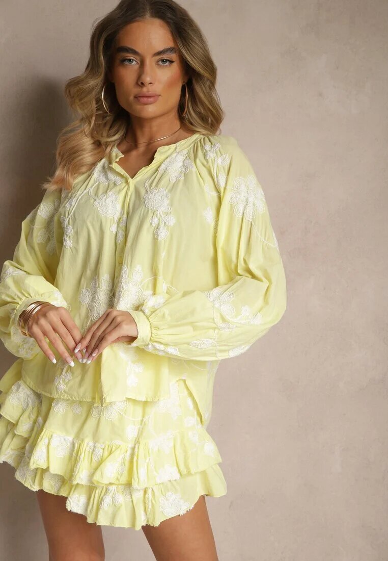 new collection Komplet Galben din Bumbac Fustă-Pantaloni scurți și Cămașă cu Mâneci Ample Savalene