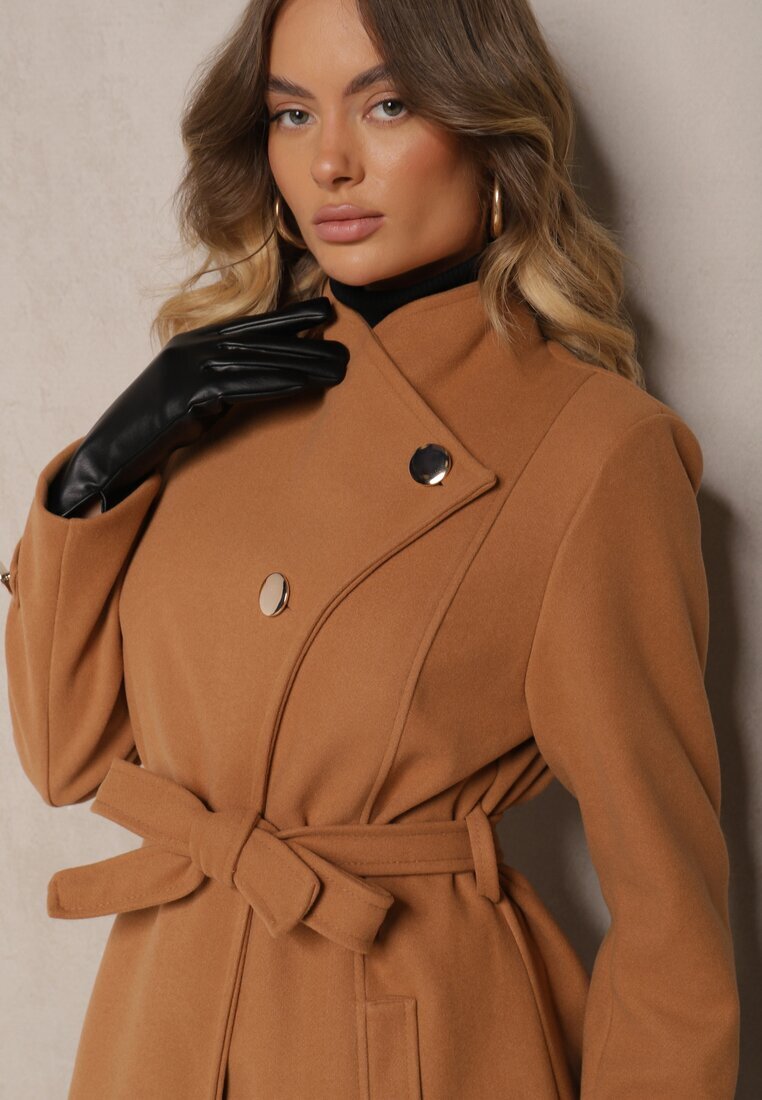 new collection Palton de halat maro deschis cu închidere asimetrică la decolteu și cu centură legată Inalisse