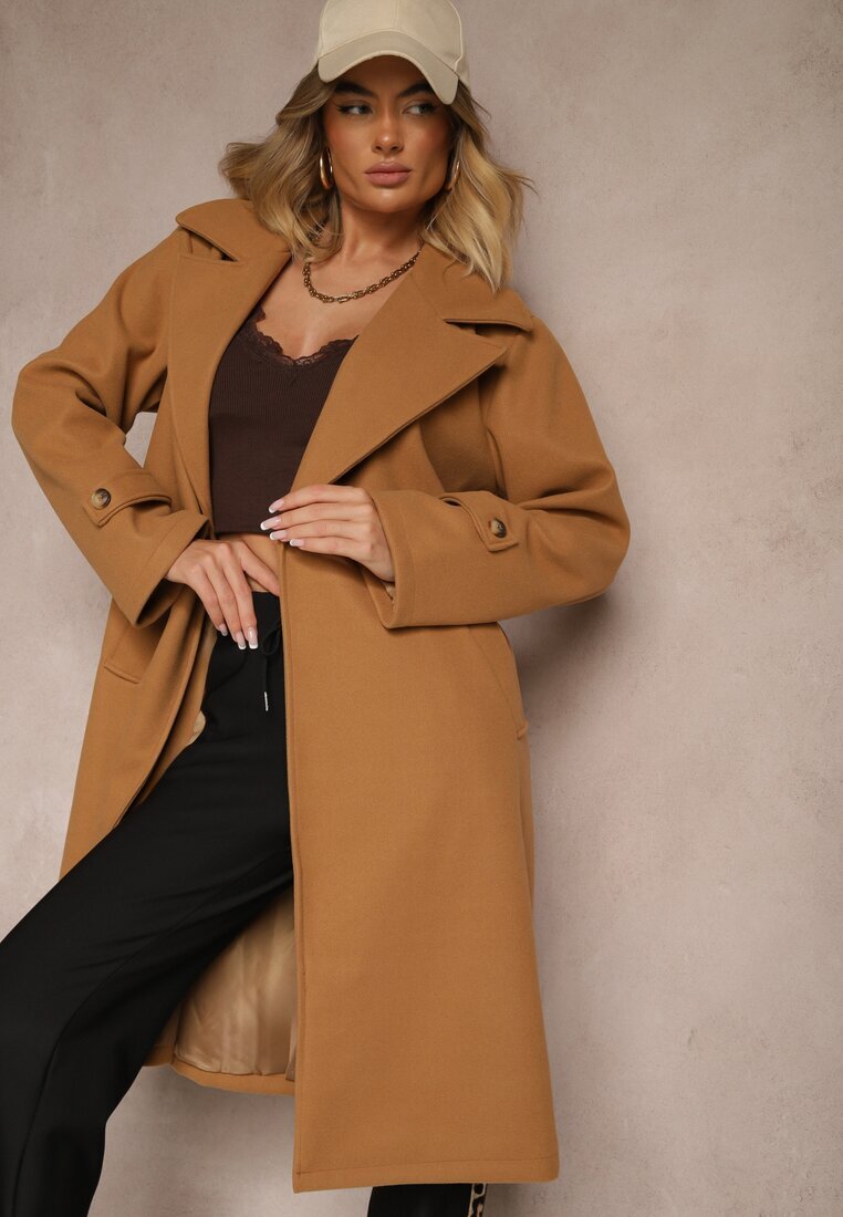 new collection Palton lung bej închis legat la talie cu o curea din material cu nasturi decorativi pe mâneci Thakore