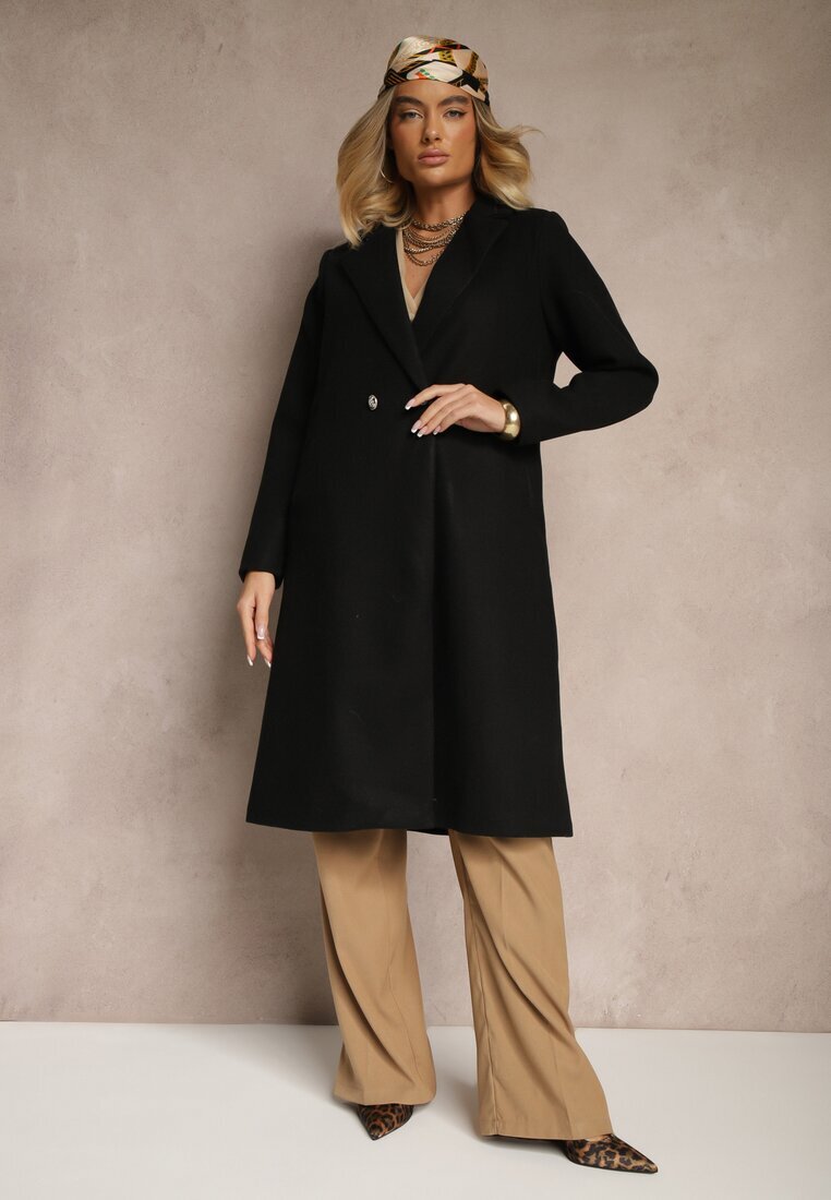 new collection Palton lung negru cu nasturi bijuterii Tudella
