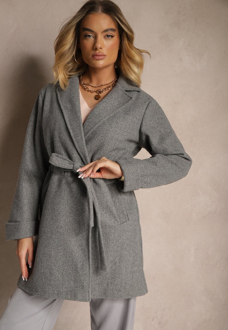 new collection Palton tip halat gri închis cu cordon legat și încrețitură decorativă în talie Pittia