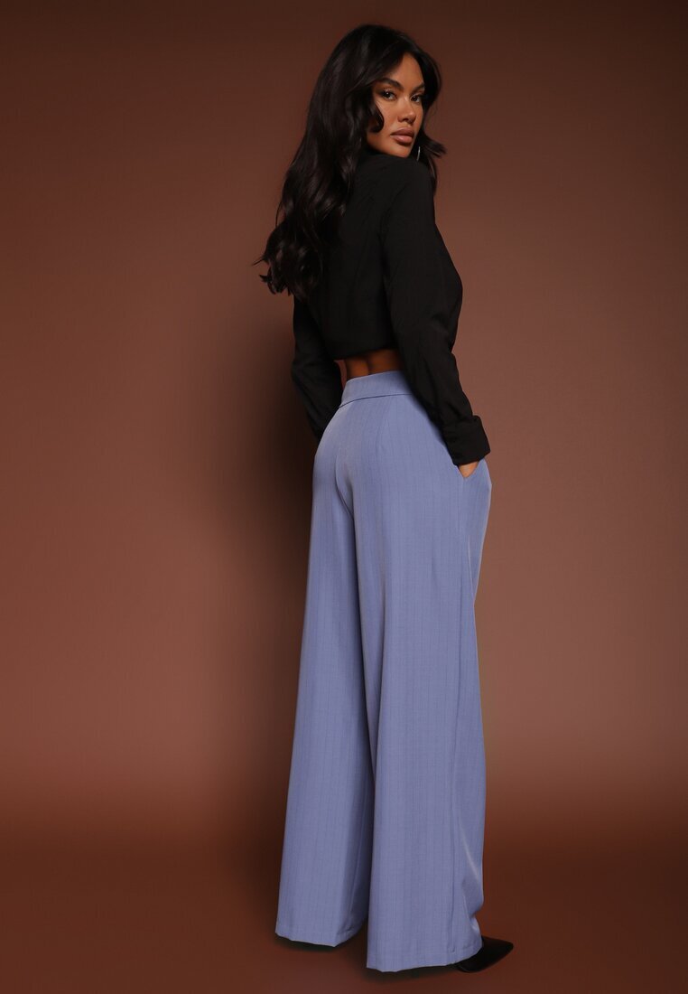 new collection Pantaloni de costum Ampli Albastri cu Viscoză Decorați cu curea Ellilara