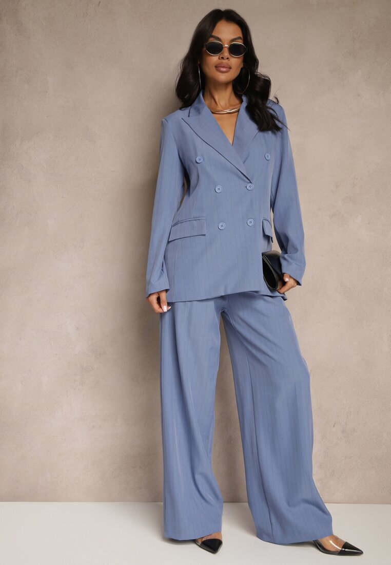 new collection Pantaloni de costum Ampli Albastri cu Viscoză Decorați cu curea Ellilara