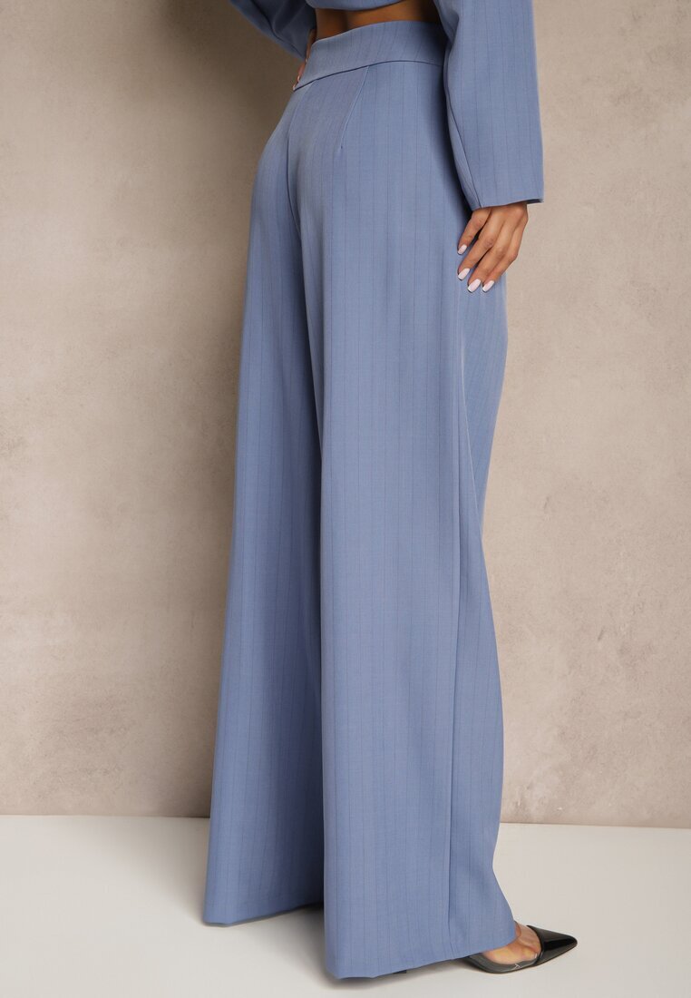 new collection Pantaloni de costum Ampli Albastri cu Viscoză Decorați cu curea Ellilara
