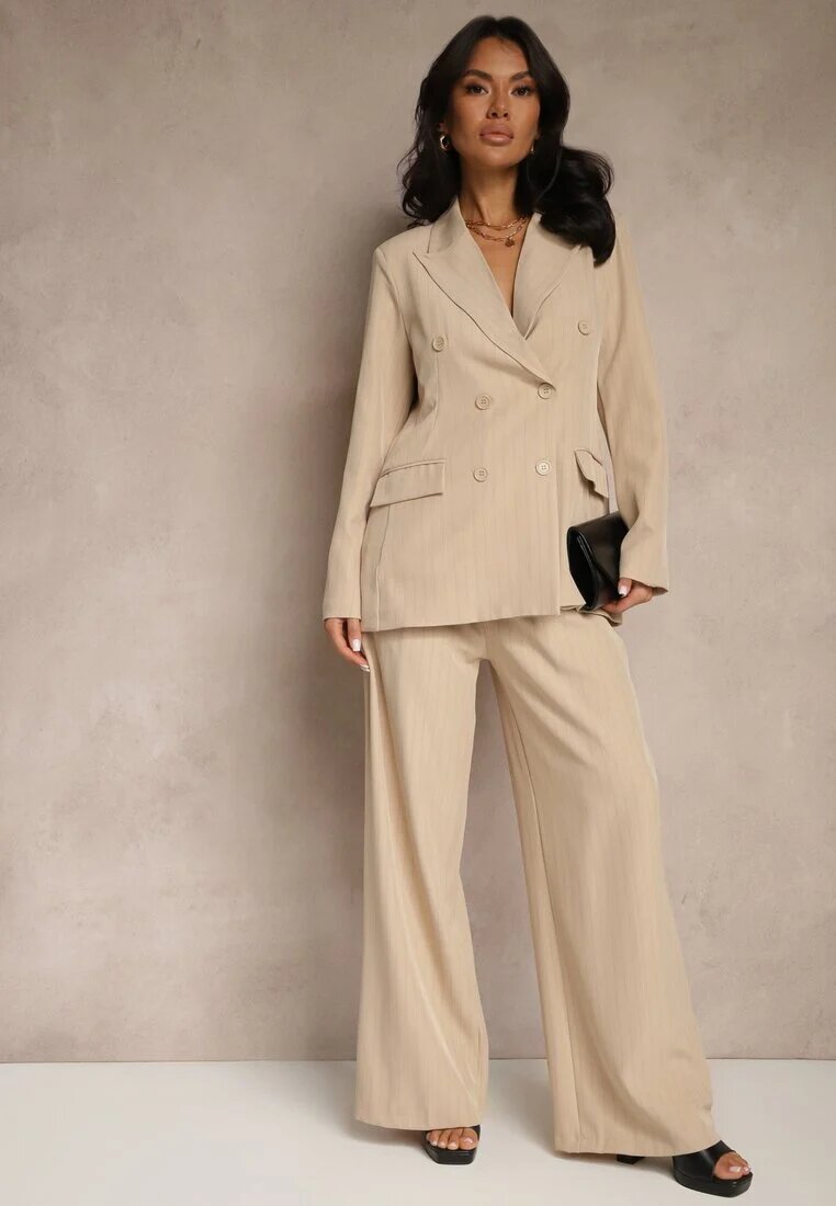 new collection Pantaloni de costum Largi Bej cu viscoză Decorați cu o curea Ellilara