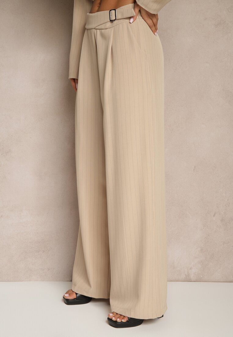 new collection Pantaloni de costum Largi Bej cu viscoză Decorați cu o curea Ellilara