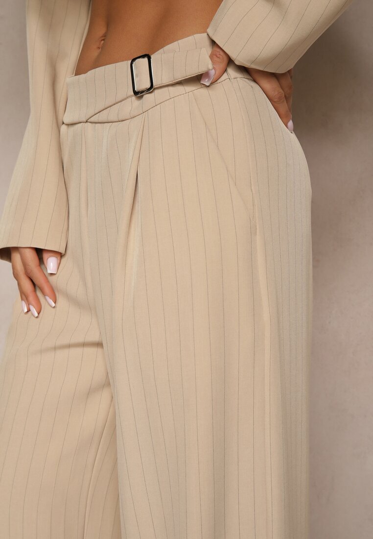 new collection Pantaloni de costum Largi Bej cu viscoză Decorați cu o curea Ellilara
