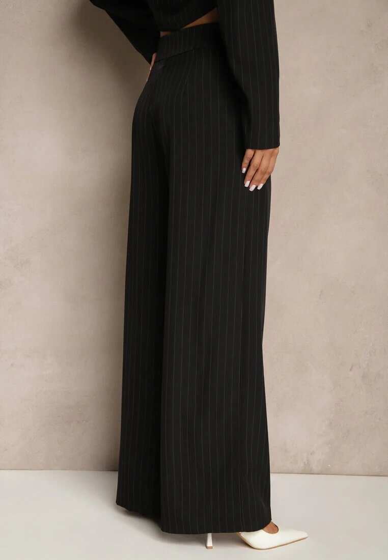 new collection Pantaloni de costum negri largi cu viscoză decorați cu curea Ellilara