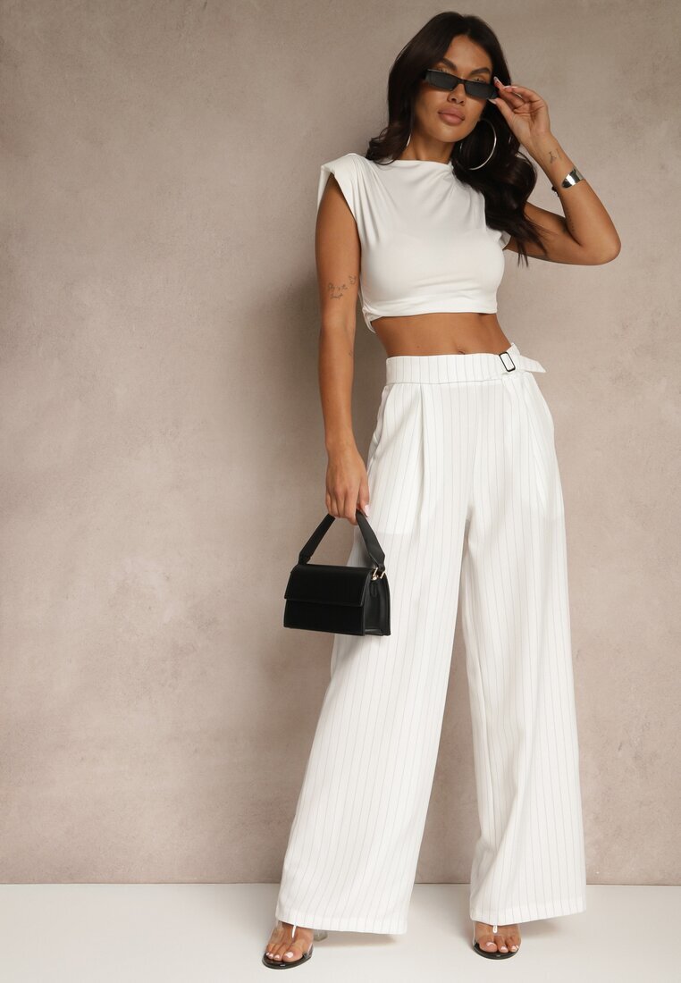 new collection Pantaloni Largi Albi de Costum din Viscoză Decorați cu curea Ellilara
