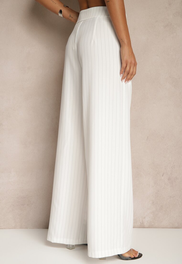 new collection Pantaloni Largi Albi de Costum din Viscoză Decorați cu curea Ellilara