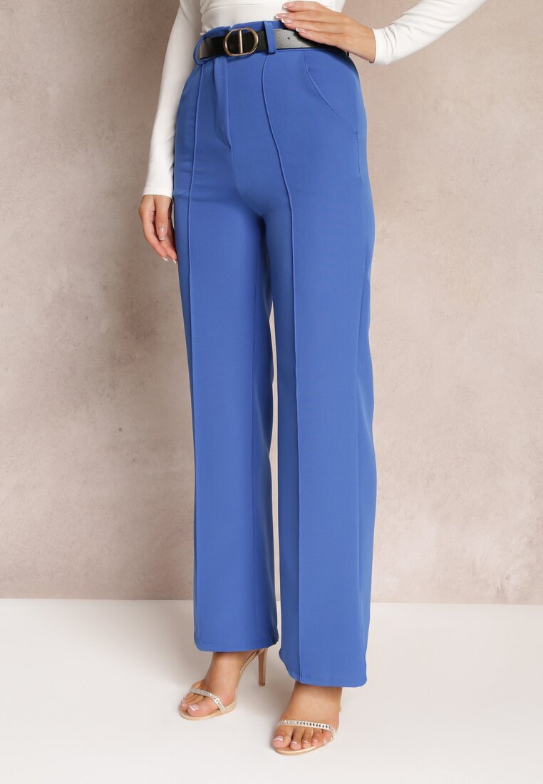 new collection Pantaloni Largi Bleumarin cu Talie Înaltă și Curea cu Cataramă Decorativă Lilura