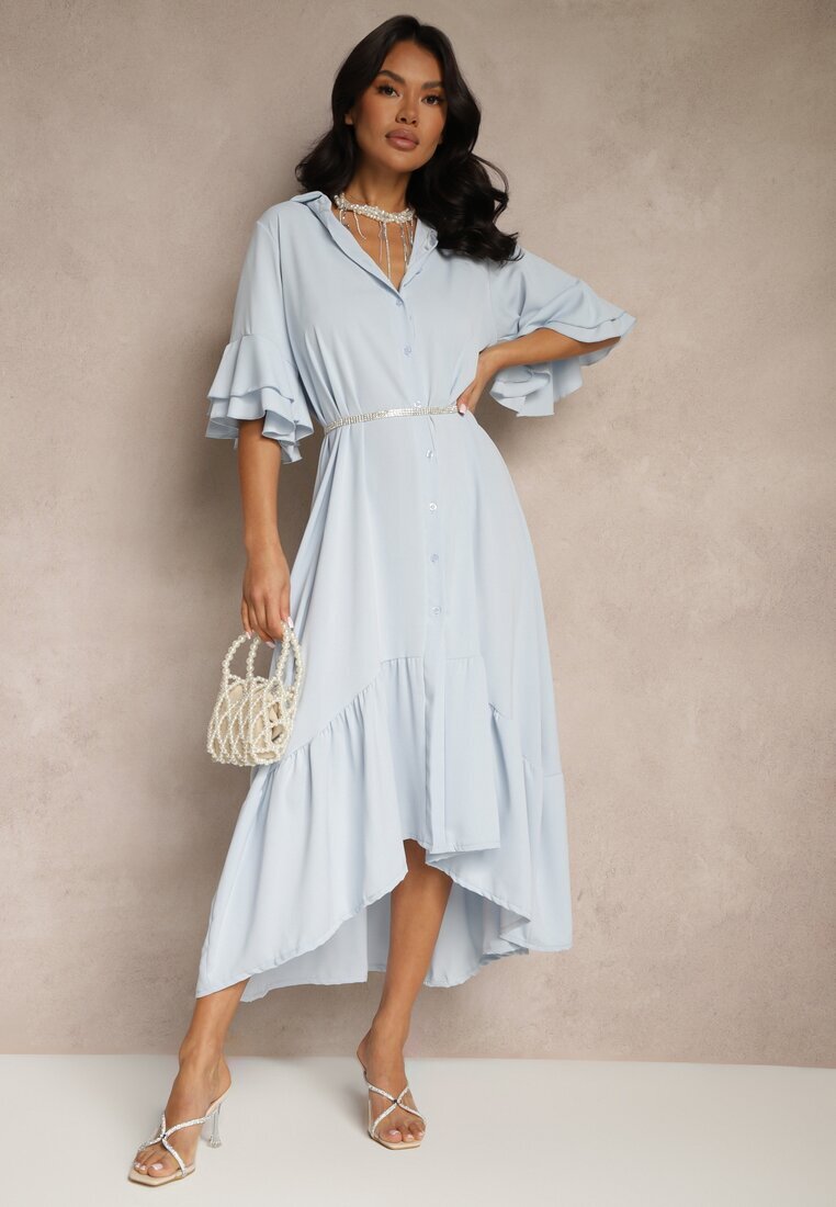 new collection Rochie albastră deschisă tip cămașă cu volane Ransara