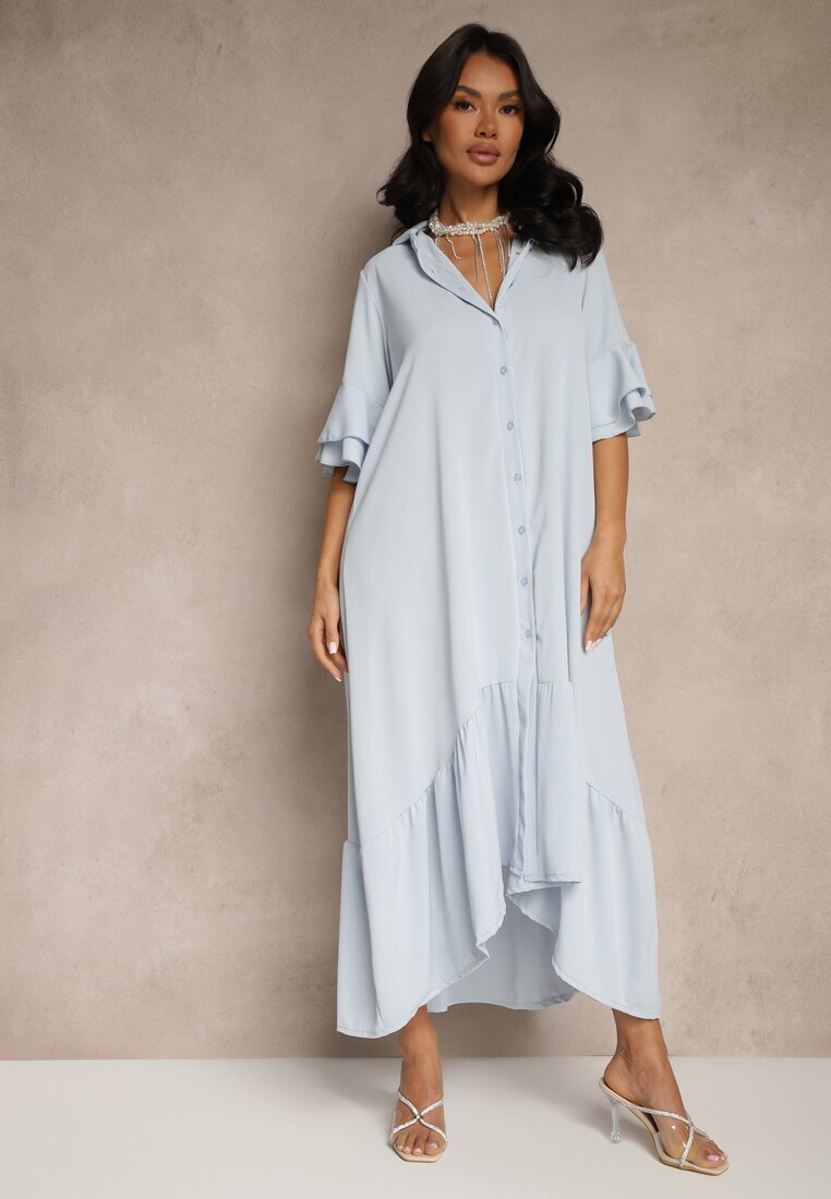 new collection Rochie albastră deschisă tip cămașă cu volane Ransara