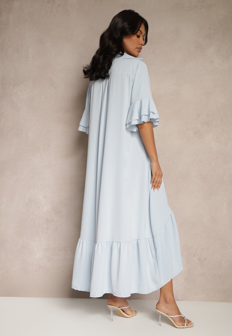new collection Rochie albastră deschisă tip cămașă cu volane Ransara