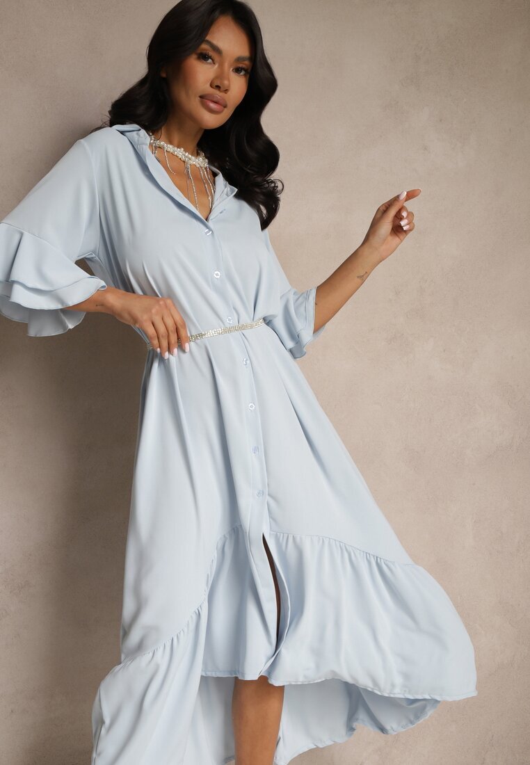 new collection Rochie albastră deschisă tip cămașă cu volane Ransara