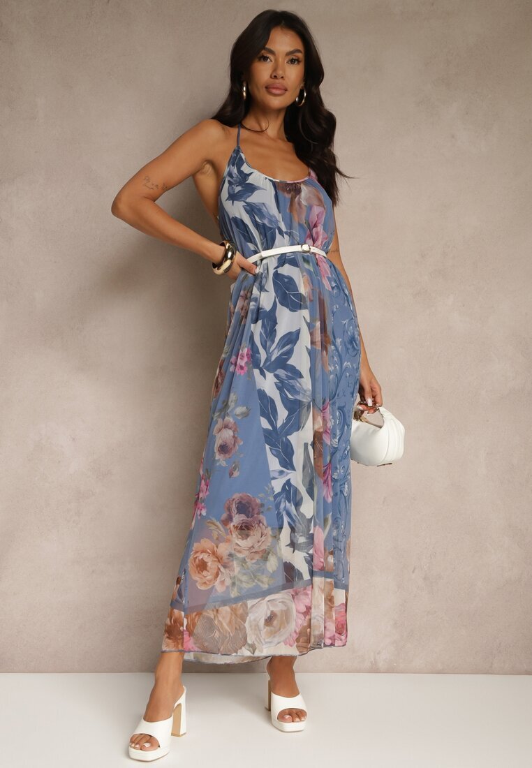 new collection Rochie Albastră Florală Plasată cu Vâscoză Izurelia