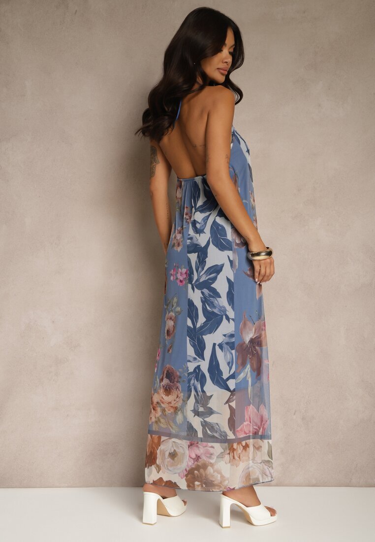 new collection Rochie Albastră Florală Plasată cu Vâscoză Izurelia