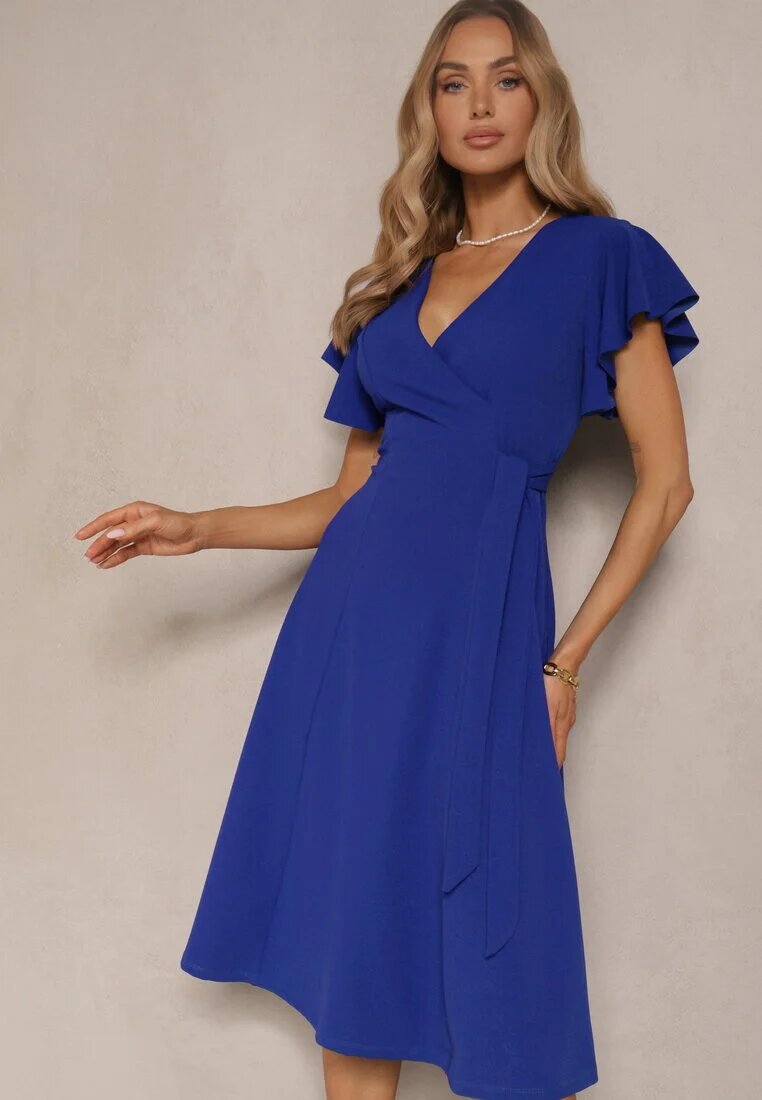 new collection Rochie Albastră Petrecută cu Fusta Cloș și Legătură Decorativă Dannola
