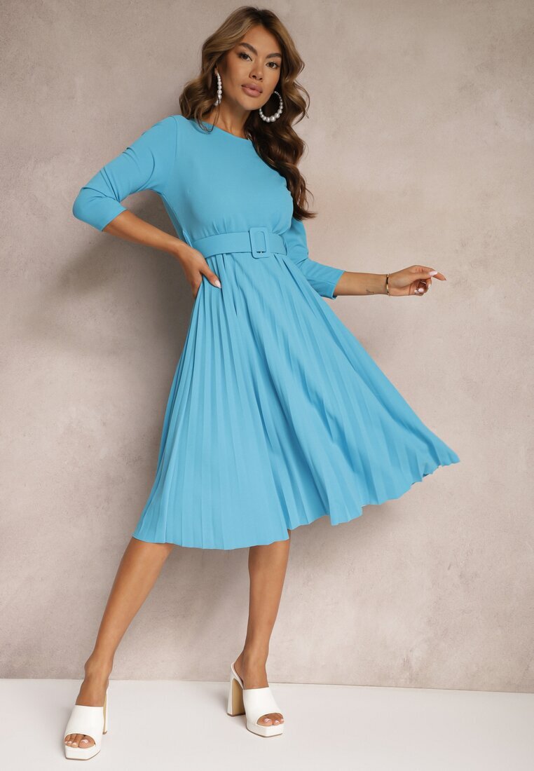 new collection Rochie Albastră Plisată cu Centură Valfe