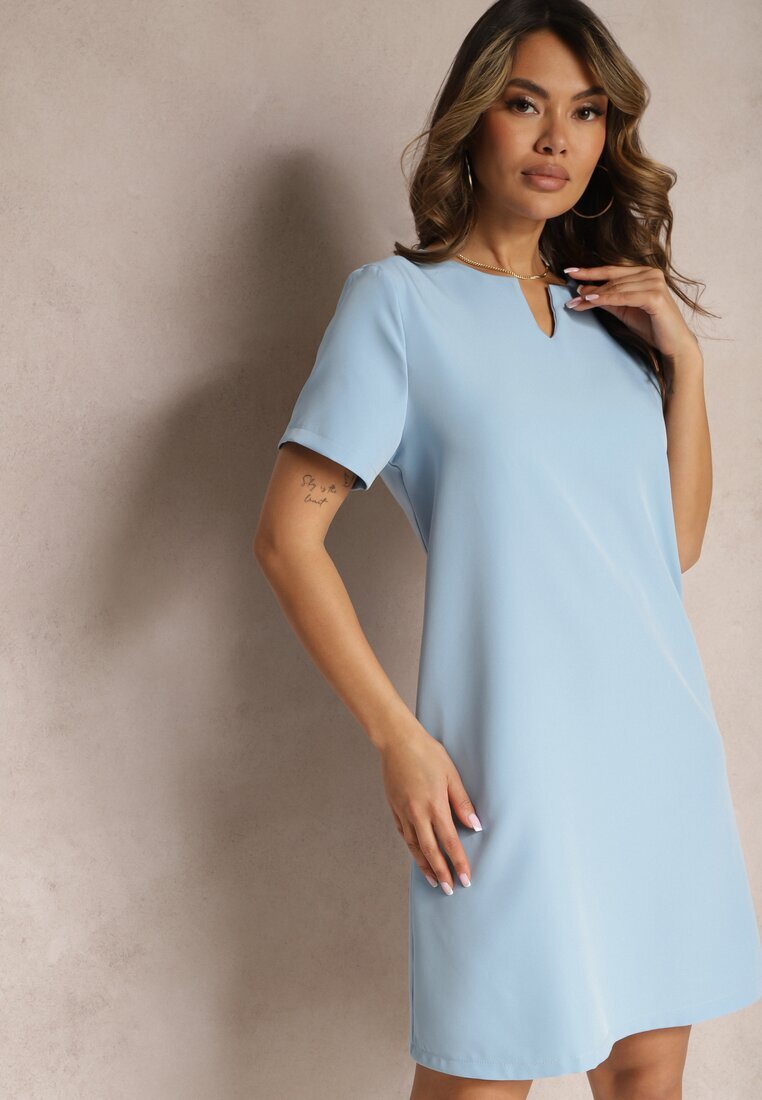 new collection Rochie Albastră Trapezoidală Mini cu Mânecă Scurtă și Buzunare Vrea