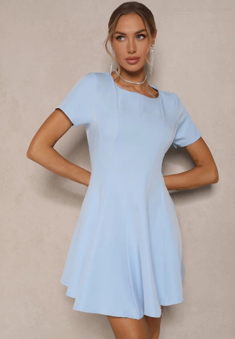 new collection Rochie Albastru Deschis cu croi evazat cu mânecă scurtă decorată cu cusături Mepiza