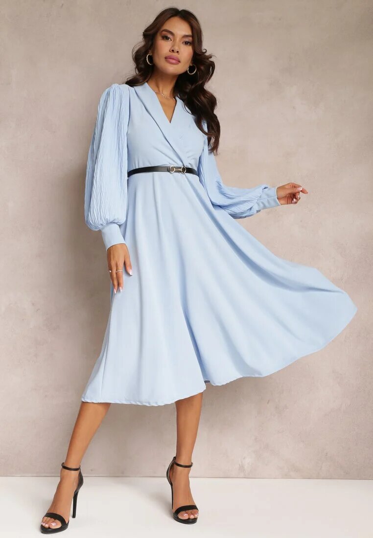 new collection Rochie Albastru deschis Evazată cu curea și mâneci lungi Malaiyah