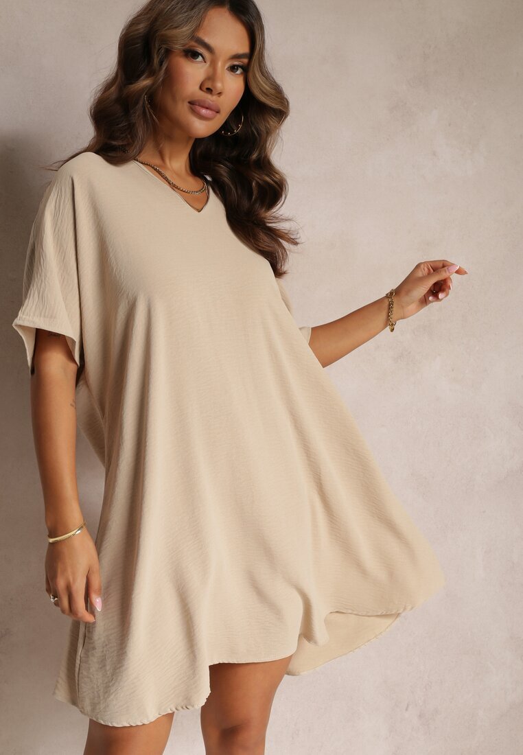 new collection Rochie Bej cu croială liliac cu legătură decorativă la spate Cylean