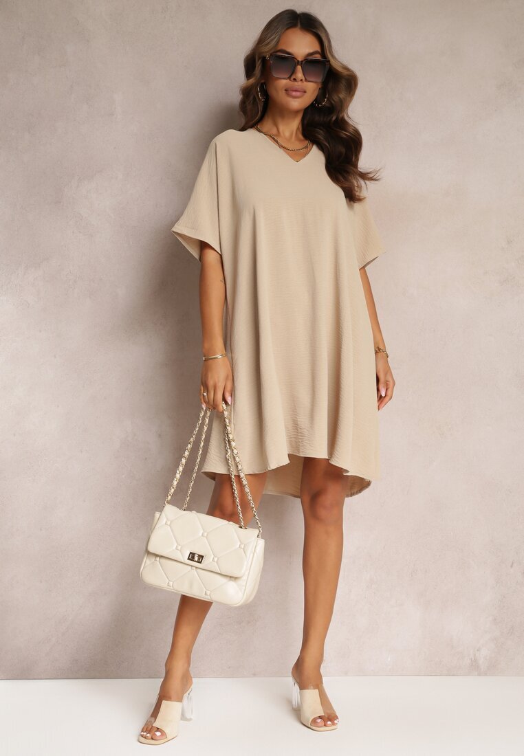 new collection Rochie Bej cu croială liliac cu legătură decorativă la spate Cylean