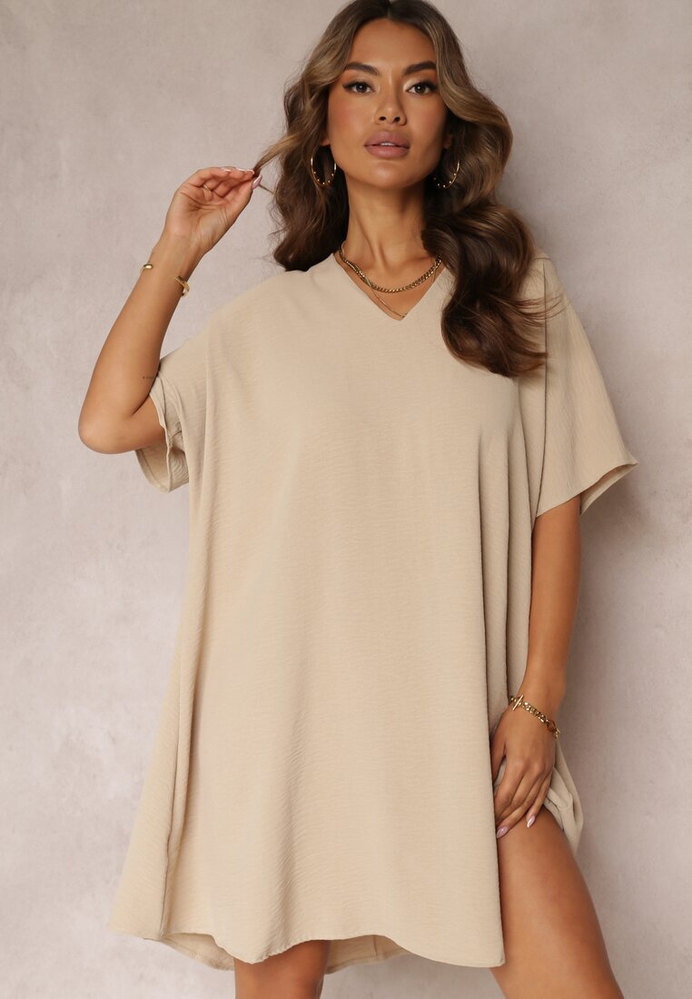 new collection Rochie Bej cu croială liliac cu legătură decorativă la spate Cylean