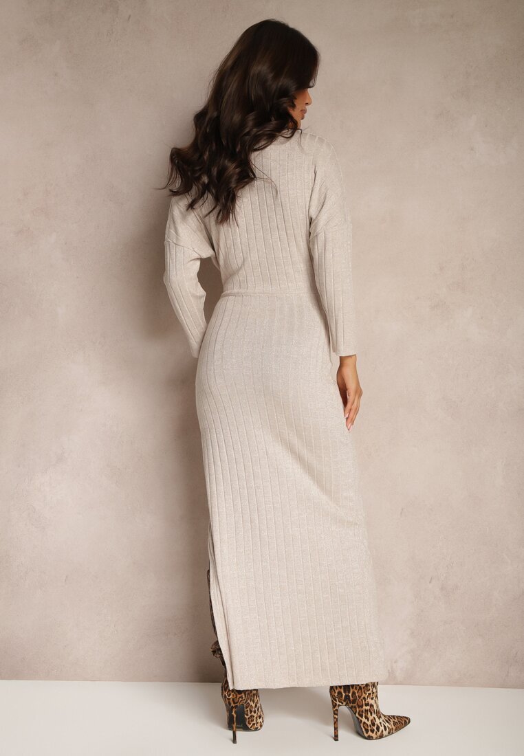 new collection Rochie Bej cu viscoză fir metalic și nod asimetric Elloritia