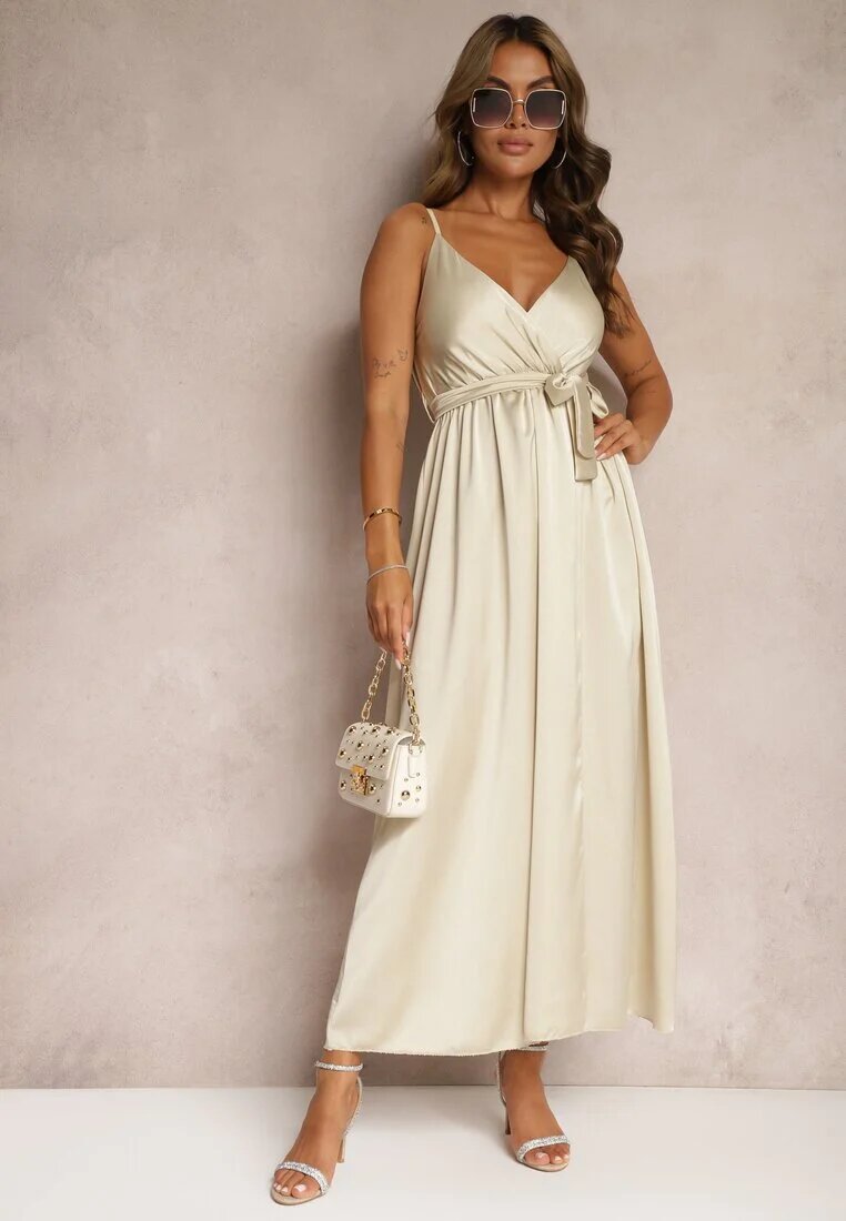 new collection Rochie Bej de seară cu croi evazat cu elastic în talie și șliț Relsea