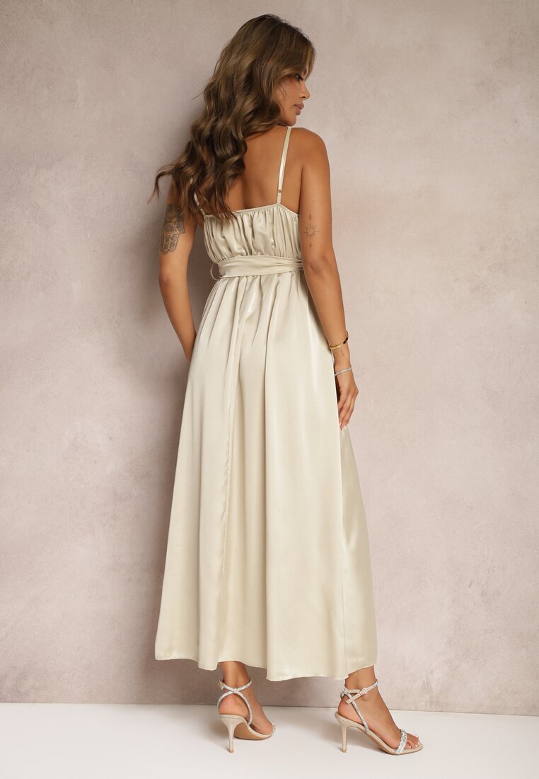 new collection Rochie Bej de seară cu croi evazat cu elastic în talie și șliț Relsea