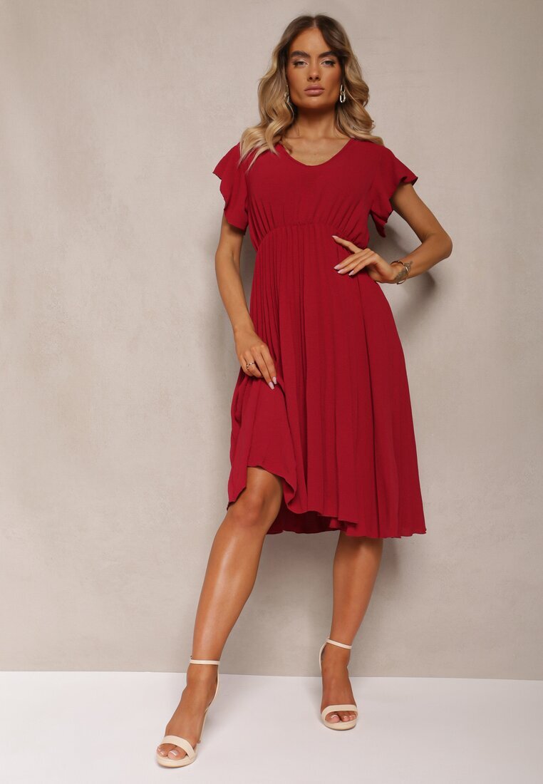 new collection Rochie Bordeaux Cloș cu Pliuri și Decolteu în V Rissari