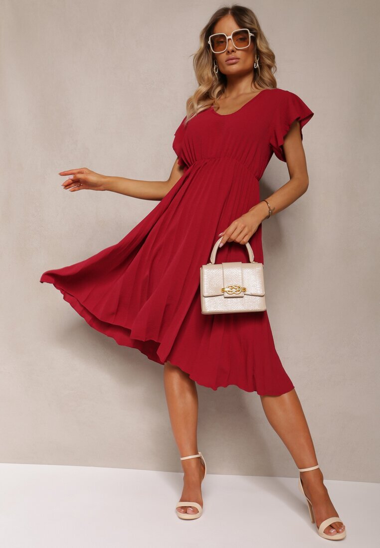 new collection Rochie Bordeaux Cloș cu Pliuri și Decolteu în V Rissari