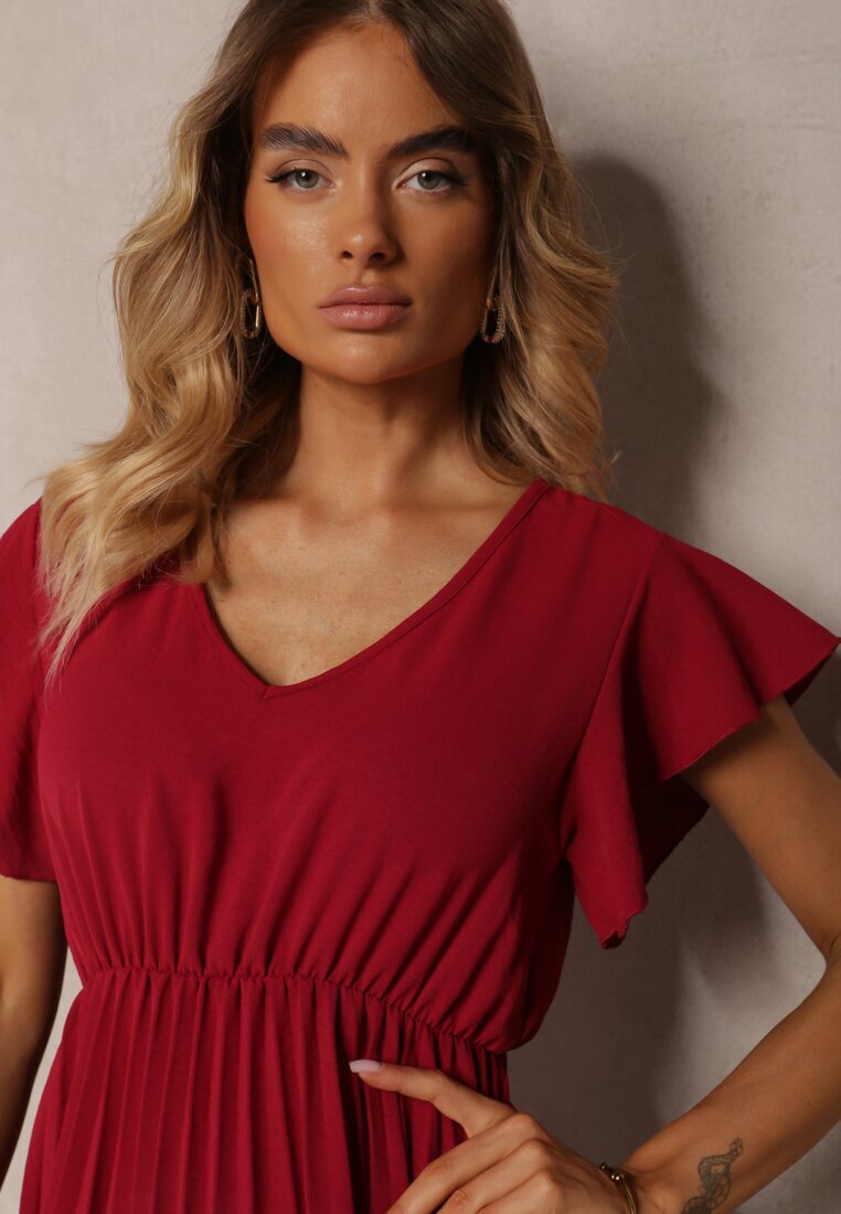 new collection Rochie Bordeaux Cloș cu Pliuri și Decolteu în V Rissari