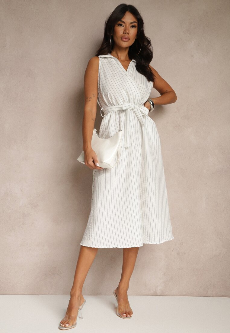 new collection Rochie cămașă albă fără mâneci cu cordon legat Lideene