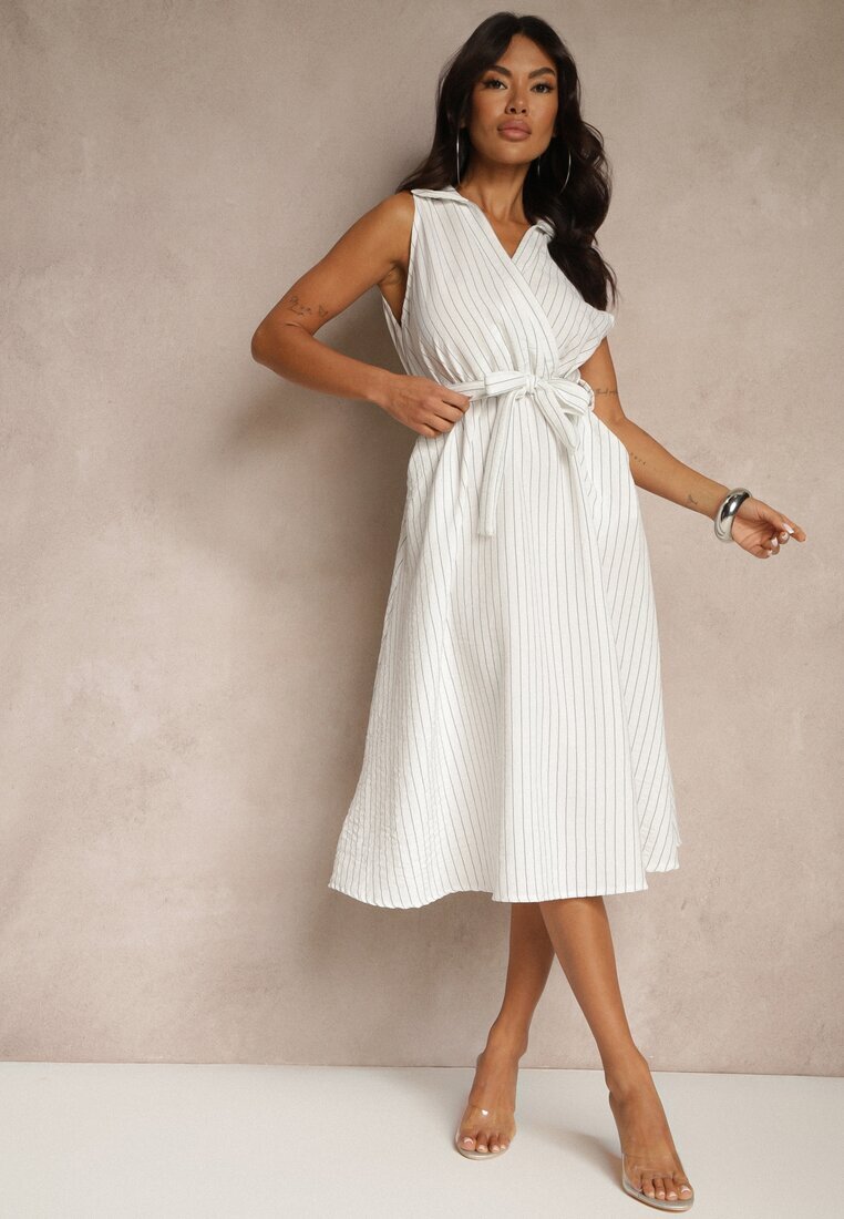 new collection Rochie cămașă albă fără mâneci cu cordon legat Lideene