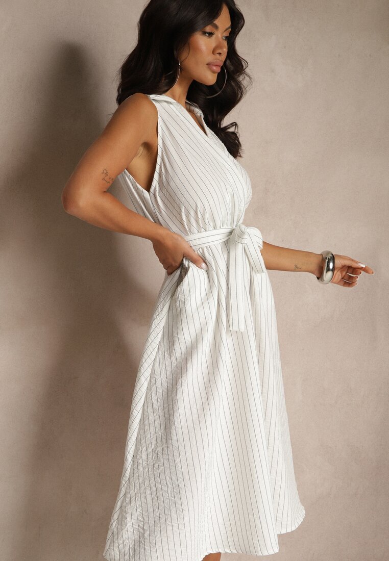 new collection Rochie cămașă albă fără mâneci cu cordon legat Lideene