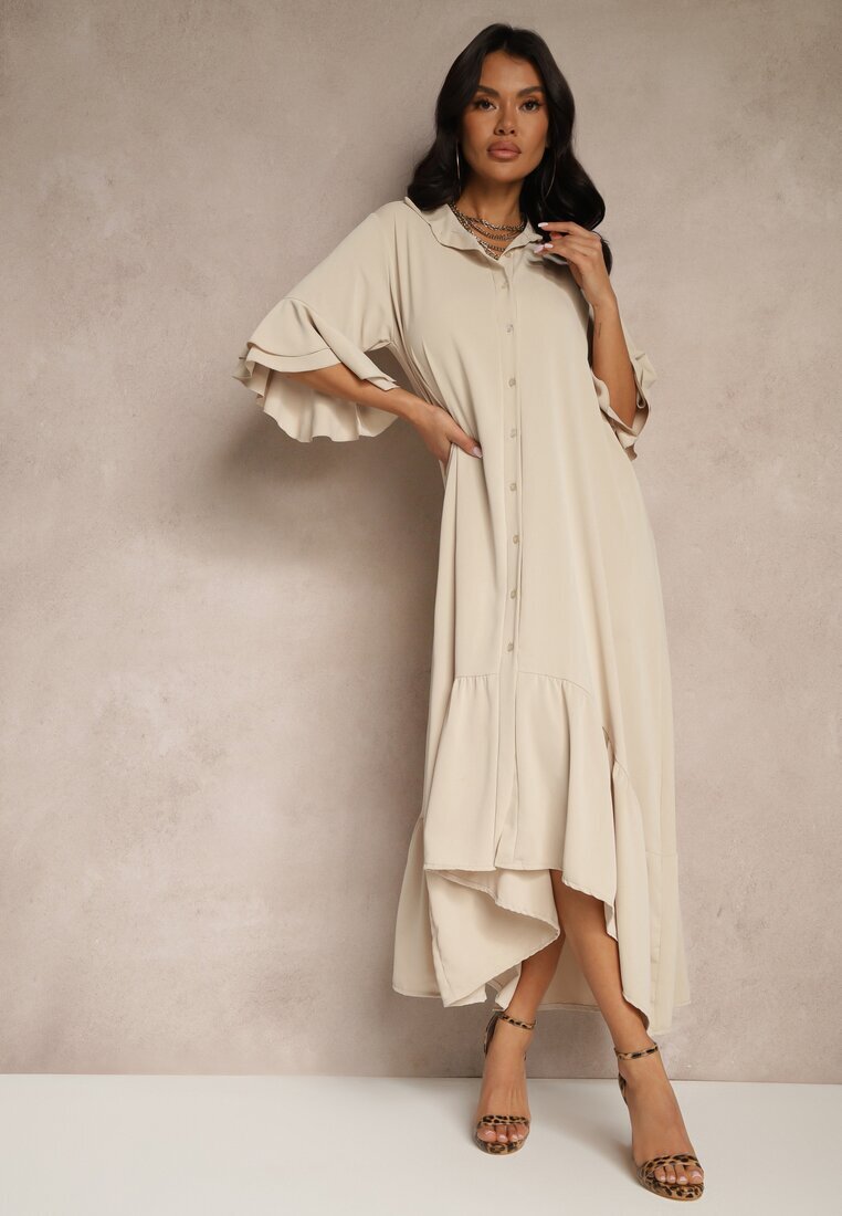 new collection Rochie Cămașă Bej Decorată cu Volane Ransara