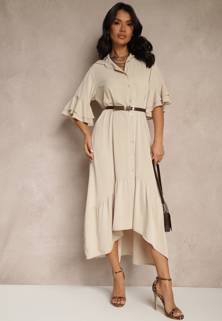 new collection Rochie Cămașă Bej Decorată cu Volane Ransara