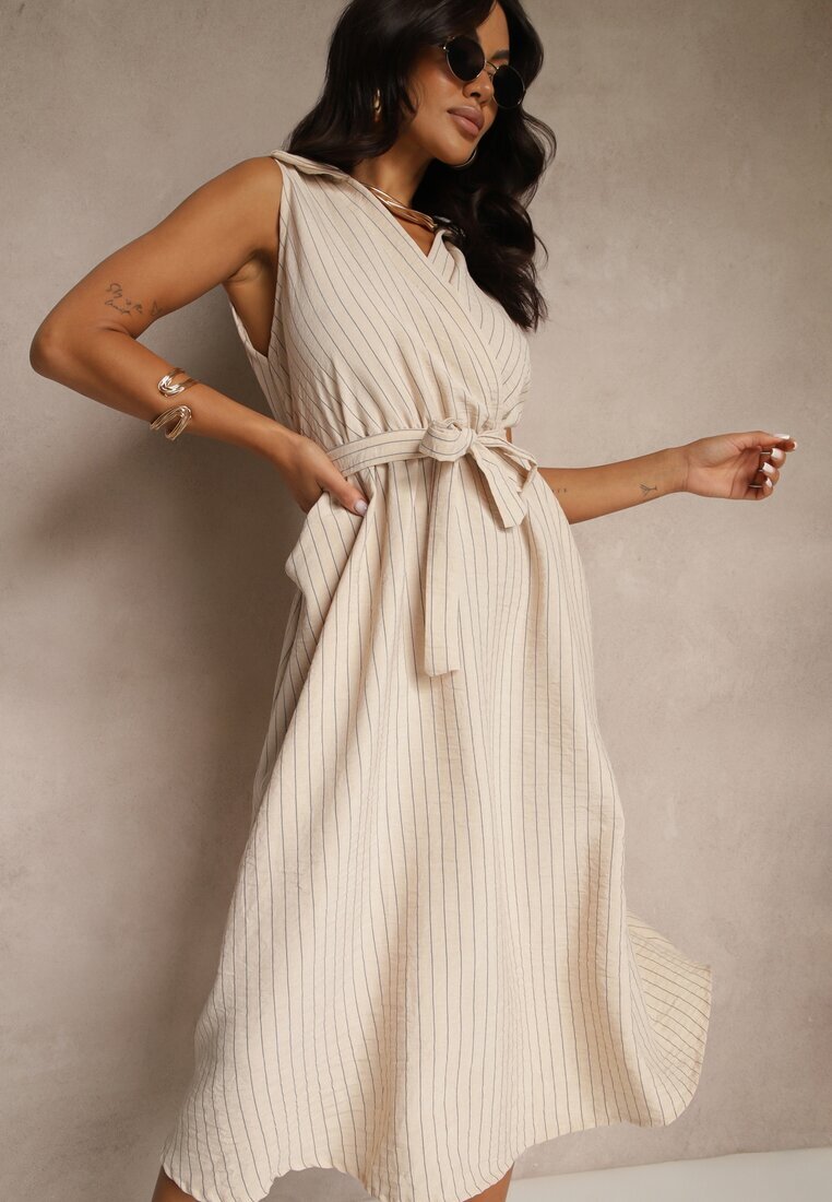 new collection Rochie Cămașă Bej Fără Mâneci cu Cordon Lideene